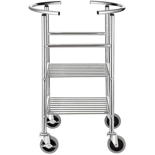 A stainless steel Choice mixing bowl stand with locking casters.