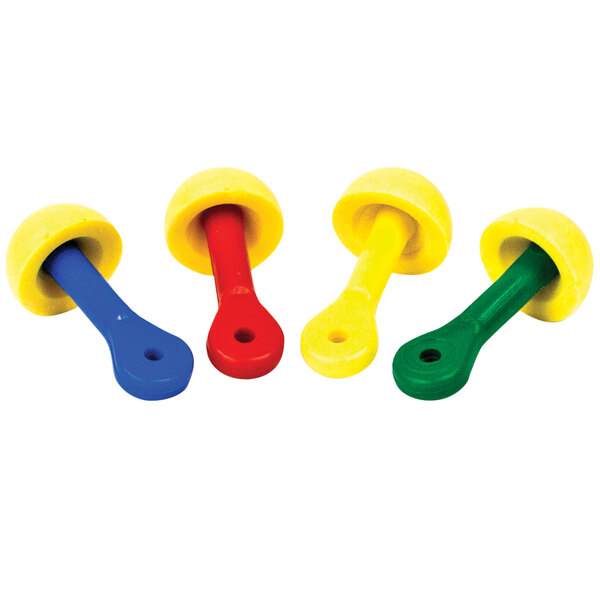 A group of colorful 3M E-A-R EXPRESS Pod Plugs with cords and plastic handles.