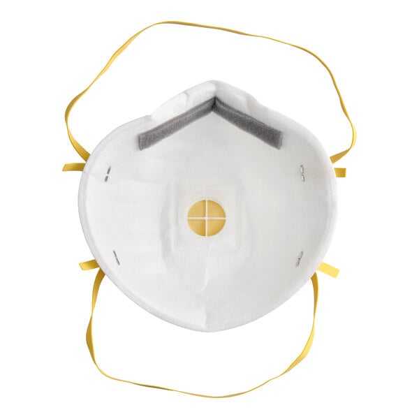 A white N95 particulate respirator mask with yellow straps and a central exhalation valve.