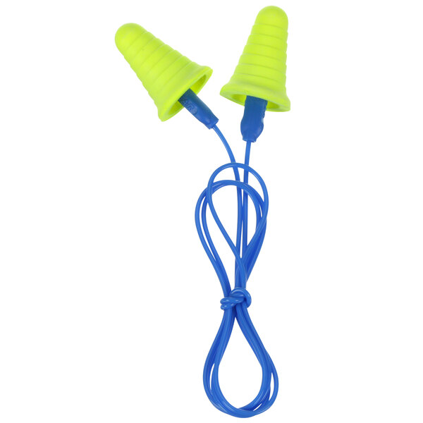 Two yellow and blue 3M E-A-R Push-Ins earplugs with blue cords and grip rings.