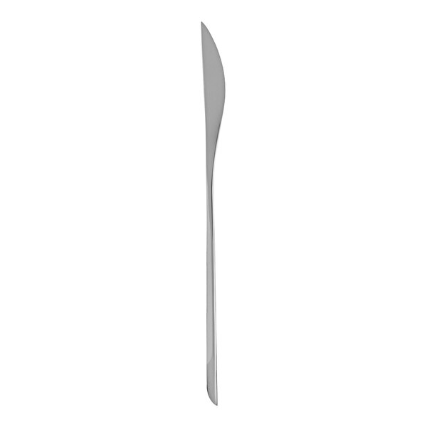 A close-up of a Fortessa stainless steel dessert knife with a white background.