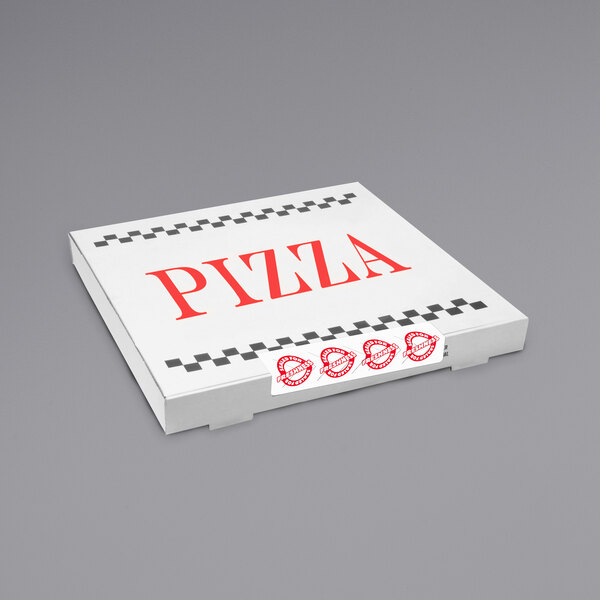 A white pizza box with a red and white Iconex tamper-evident label.