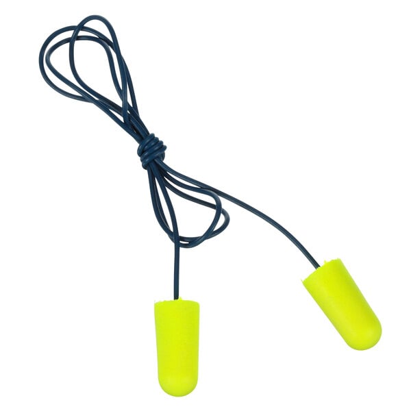 A pair of yellow 3M E-A-Rsoft earplugs with black cords.