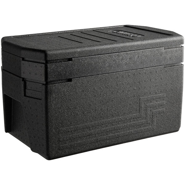A black plastic Cambro food pan carrier with a lid.