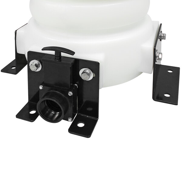 A white plastic Mytee holding tank with black metal brackets.