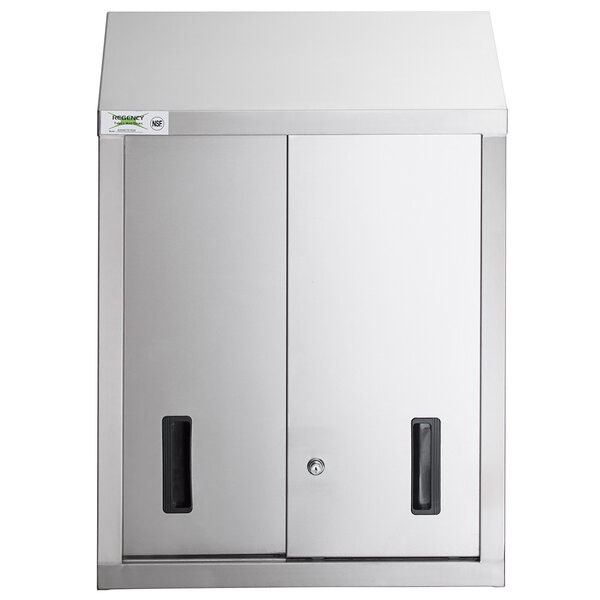 A Regency stainless steel wall cabinet with sliding doors.