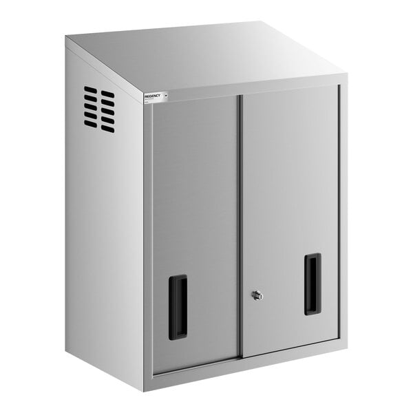 A stainless steel wall cabinet with sliding doors and a lock.