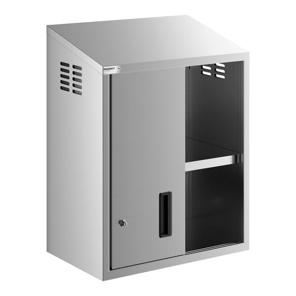 A stainless steel wall cabinet with sliding doors and a sloped top.