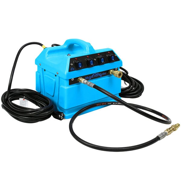 A blue Mytee Twin Turbo portable water heater with black and blue hoses.