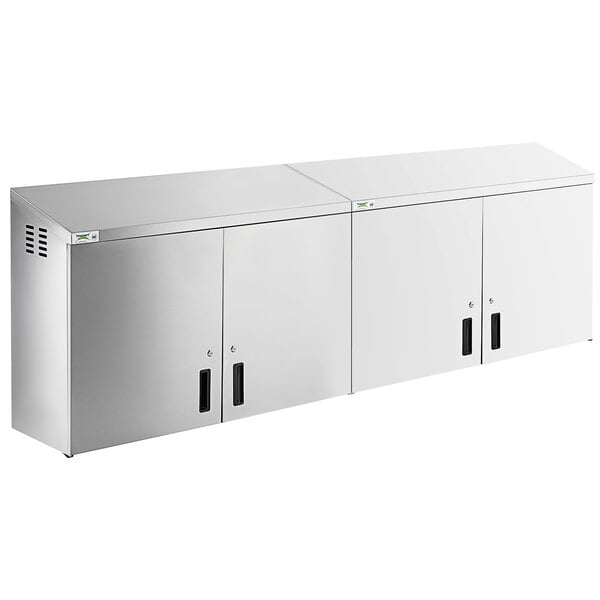 A stainless steel wall cabinet with hinged doors.