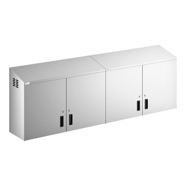 A large stainless steel wall cabinet with four hinged doors and black handles.