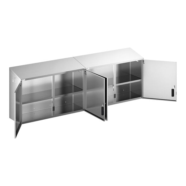 A large stainless steel wall cabinet with hinged doors and interior shelving.