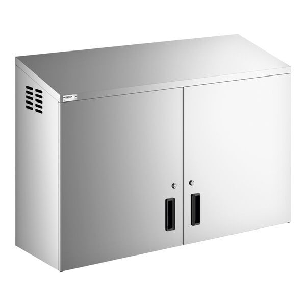 A stainless steel wall cabinet with two hinged doors and ventilation slots on the side.