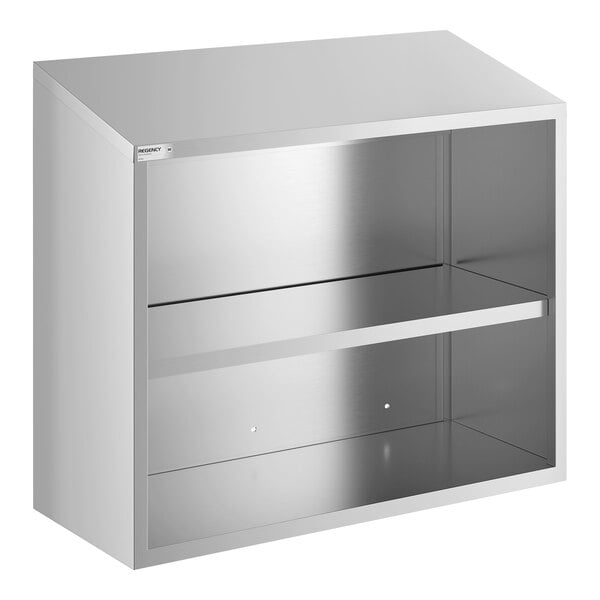 A stainless steel open wall cabinet with two shelves.