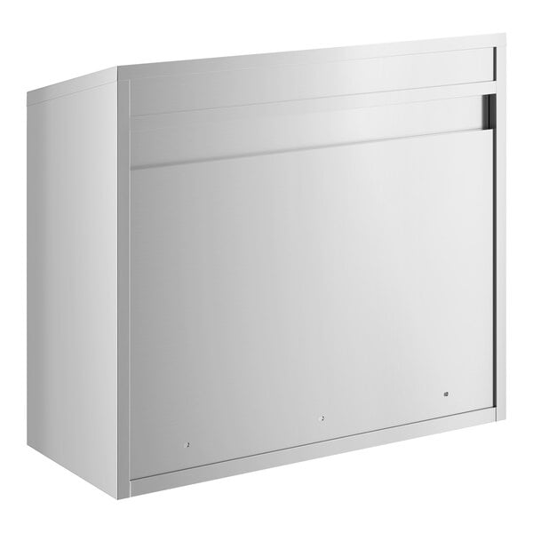A stainless steel open wall cabinet with a sleek, modern design.