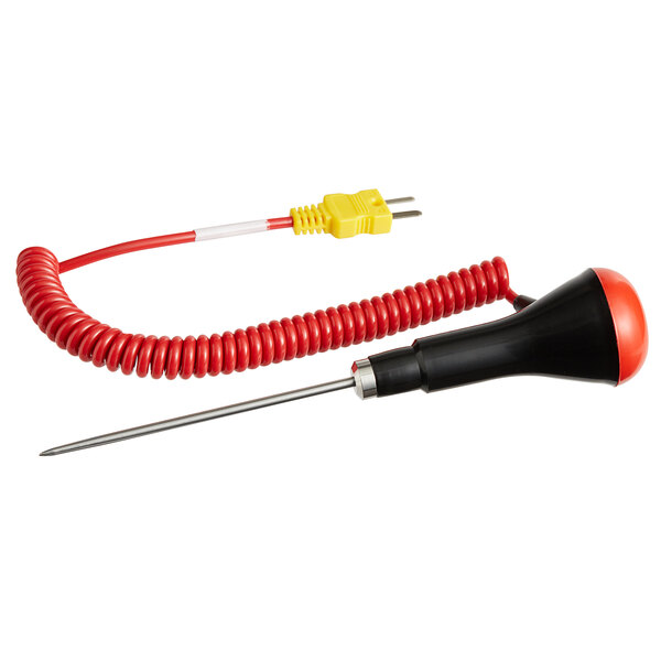 A Comark Type-K industrial penetration probe with a red and black cord and a yellow plug.