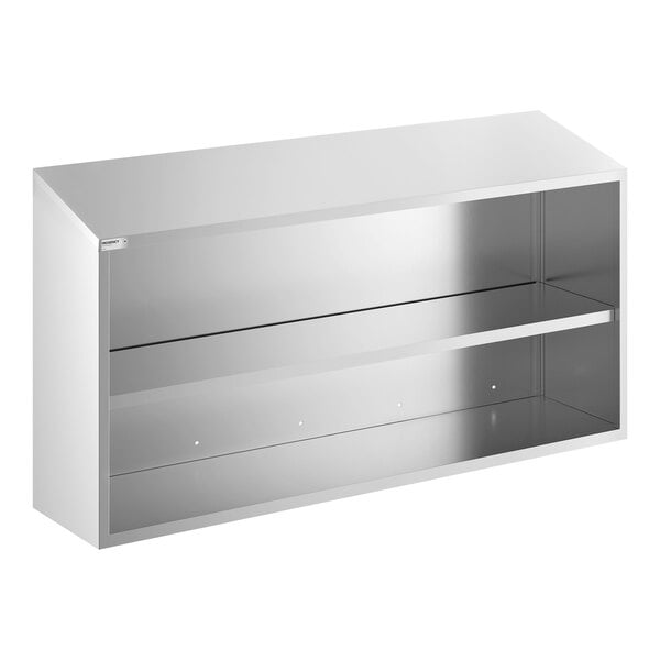 A stainless steel open wall cabinet with a single shelf.