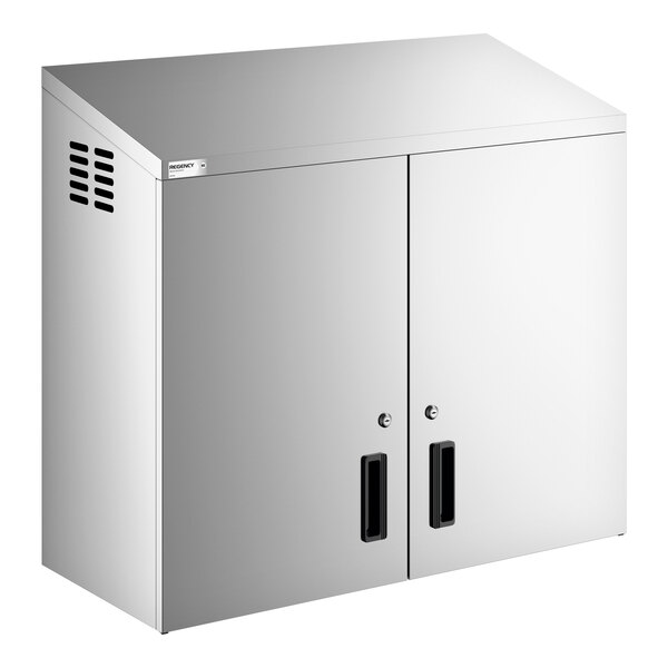 A stainless steel wall cabinet with hinged doors and ventilation slots on the side.