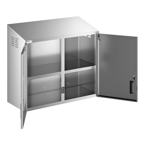 A stainless steel wall cabinet with hinged doors and interior shelving.
