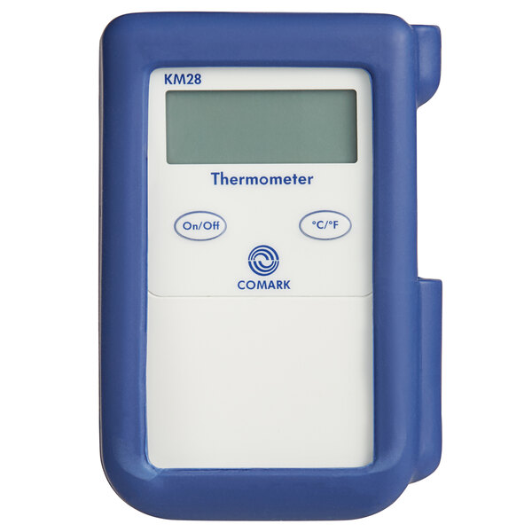 A white and blue Comark KM28B thermocouple thermometer with a blue screen.