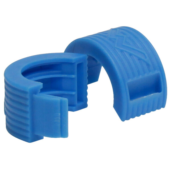 A pair of blue plastic rings with a white background.