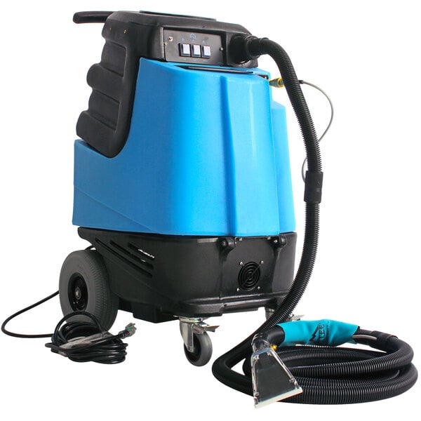 A blue and black Mytee Grand Prix automotive heated extractor machine with a hose.