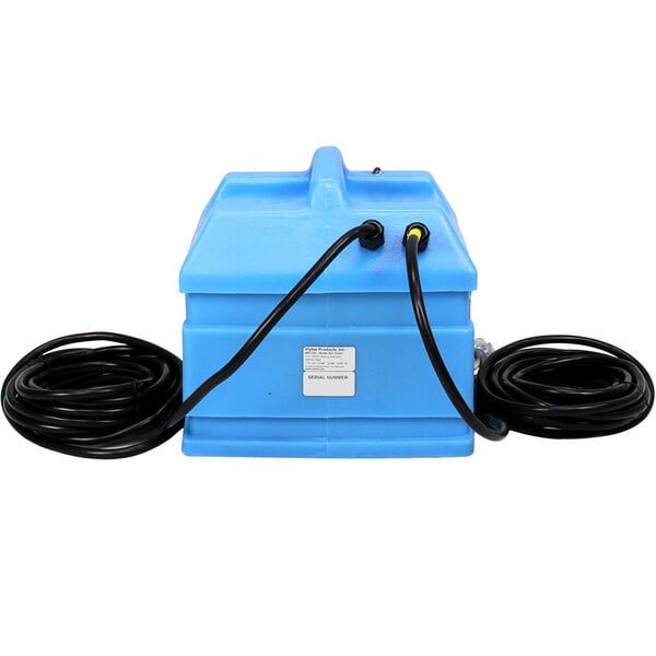 A blue box with black wires and a blue plastic container with black wires.