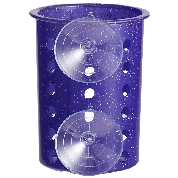 A purple plastic flatware cylinder with perforations and suction cups.
