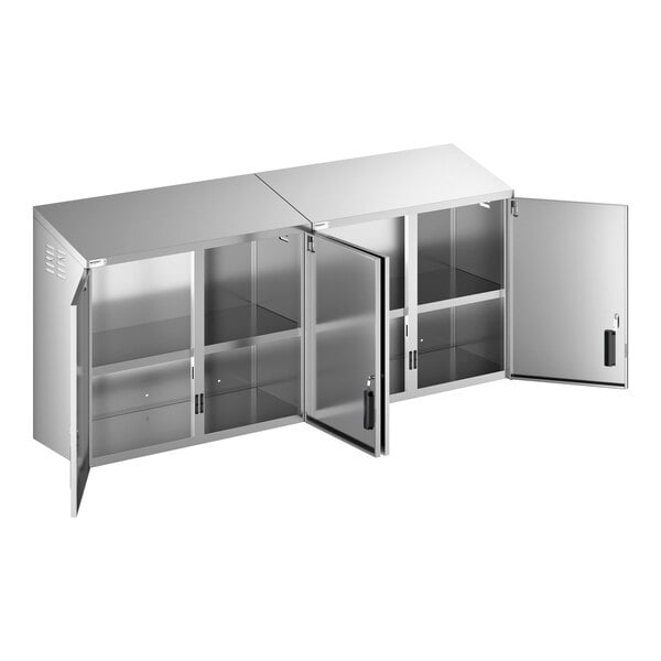 A stainless steel wall cabinet with hinged doors and interior shelving.