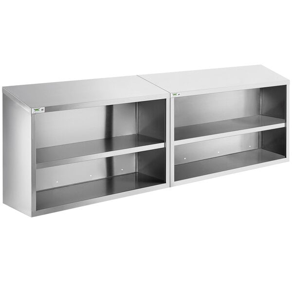 A Regency stainless steel wall cabinet with two open shelves.