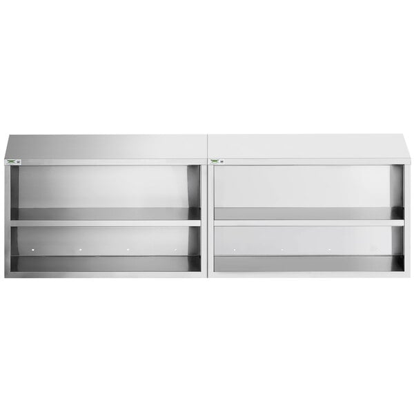 A stainless steel wall cabinet with two shelves.