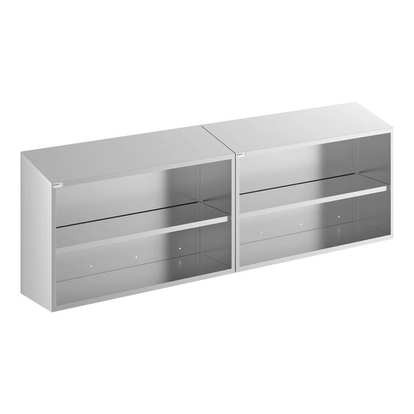 A 96-inch stainless steel open wall cabinet with two compartments and interior shelves.