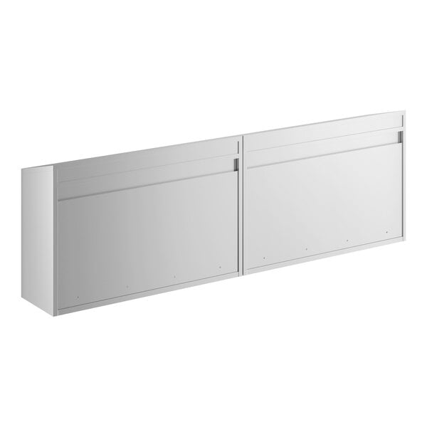 A 96-inch stainless steel open wall cabinet with two compartments.