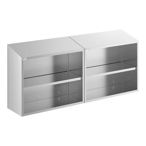 A 72-inch stainless steel open wall cabinet with two compartments and interior shelves.