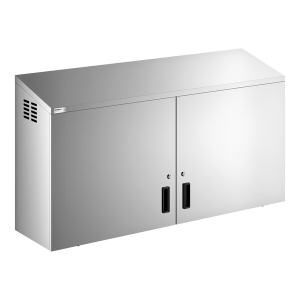 A stainless steel wall cabinet with hinged doors and ventilation slots on the side.