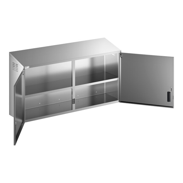 A stainless steel wall cabinet with hinged doors and an internal shelf.