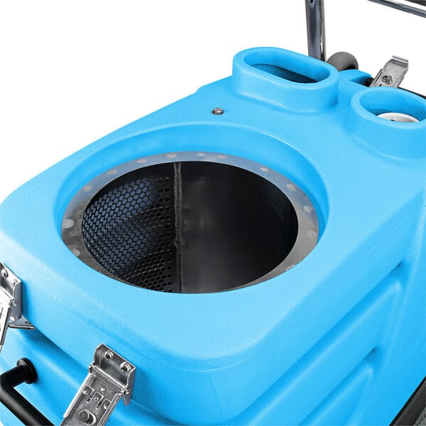 A blue Mytee Flood Hog extractor with a metal handle and a hole in the center.