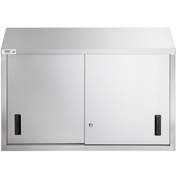 A Regency stainless steel wall cabinet with sliding doors.