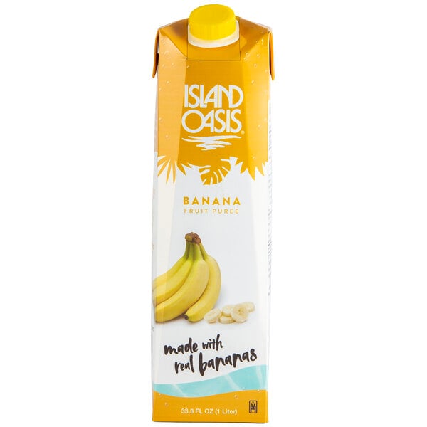 A white carton of Island Oasis Banana Puree Beverage Mix on a white background.