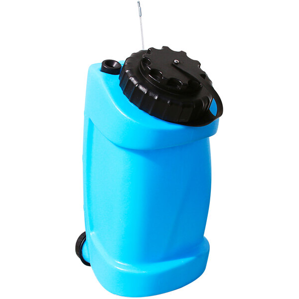 A blue plastic container with a black lid.