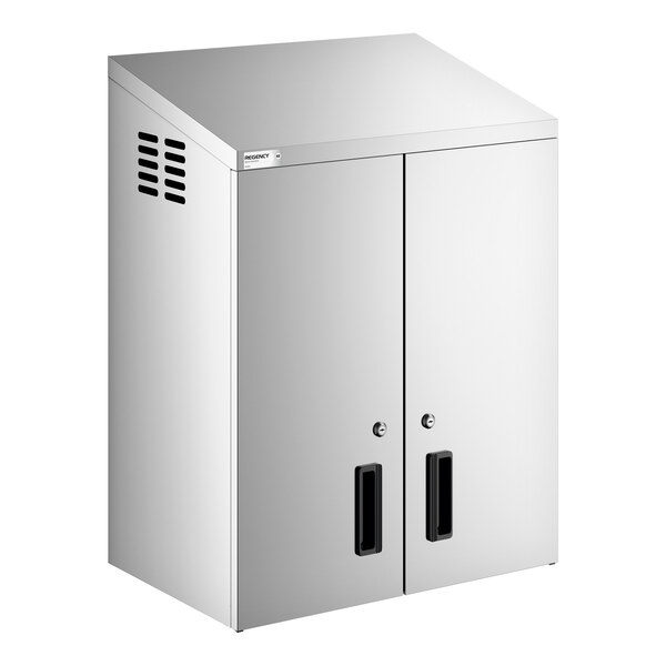 A stainless steel wall cabinet with hinged doors and ventilation slots on the side.