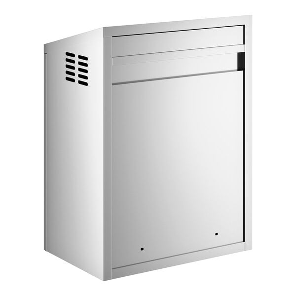 A stainless steel wall cabinet with hinged doors.