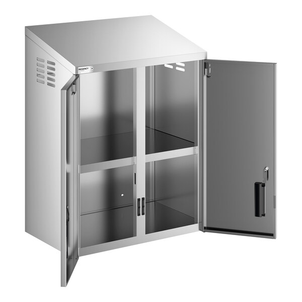 A stainless steel wall cabinet with hinged doors and an internal shelf.