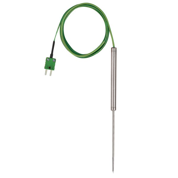a metal probe with a green cable