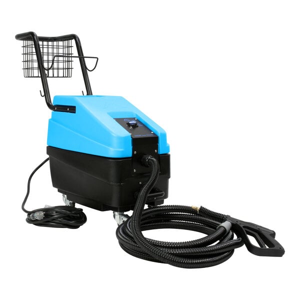 A blue and black Mytee vapor steamer with a hose and cord.