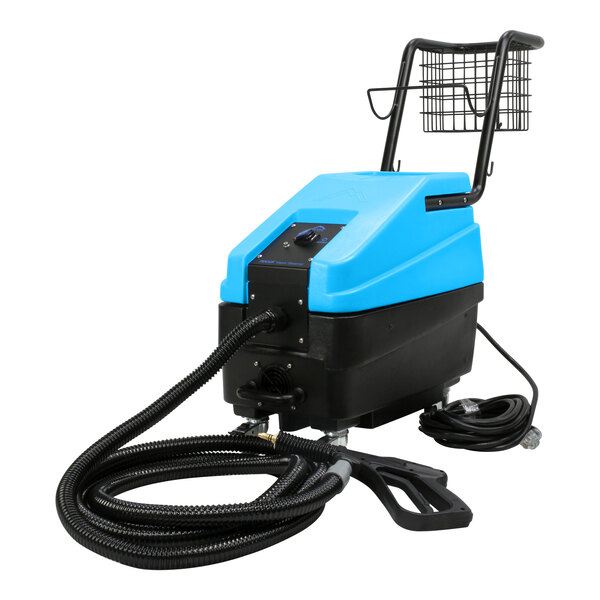 A blue and black Mytee 1600 Focus corded vapor steamer with black hoses.