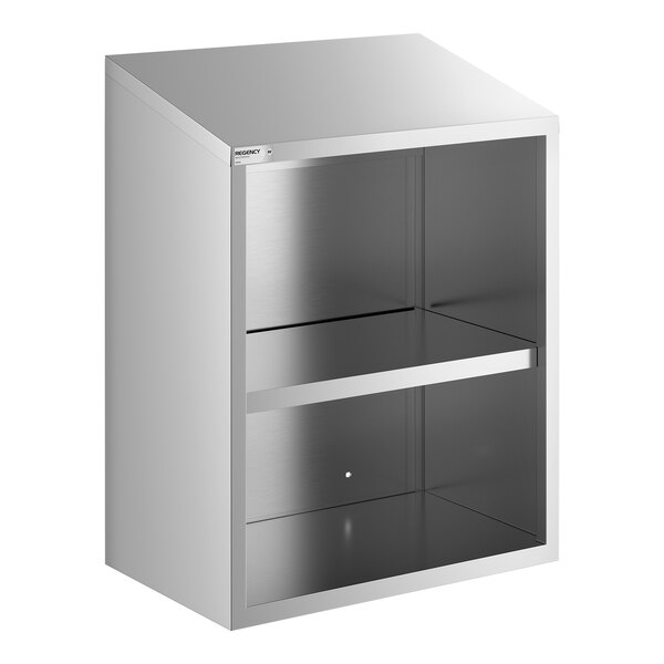 A stainless steel open wall cabinet with two shelves.