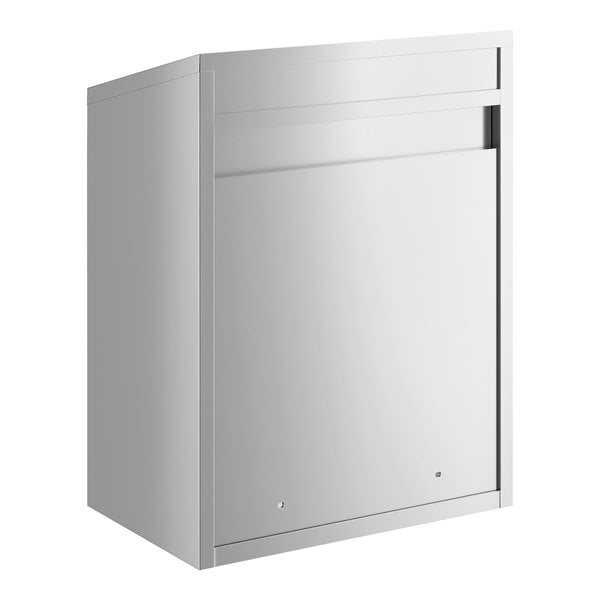 A stainless steel open wall cabinet with a modern, minimalist design.