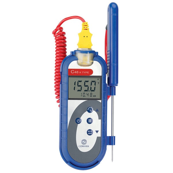 A Comark digital thermocouple thermometer with red and blue cords.