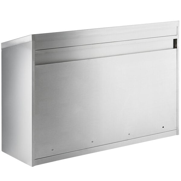 A Regency stainless steel wall mounted cabinet with an open door.